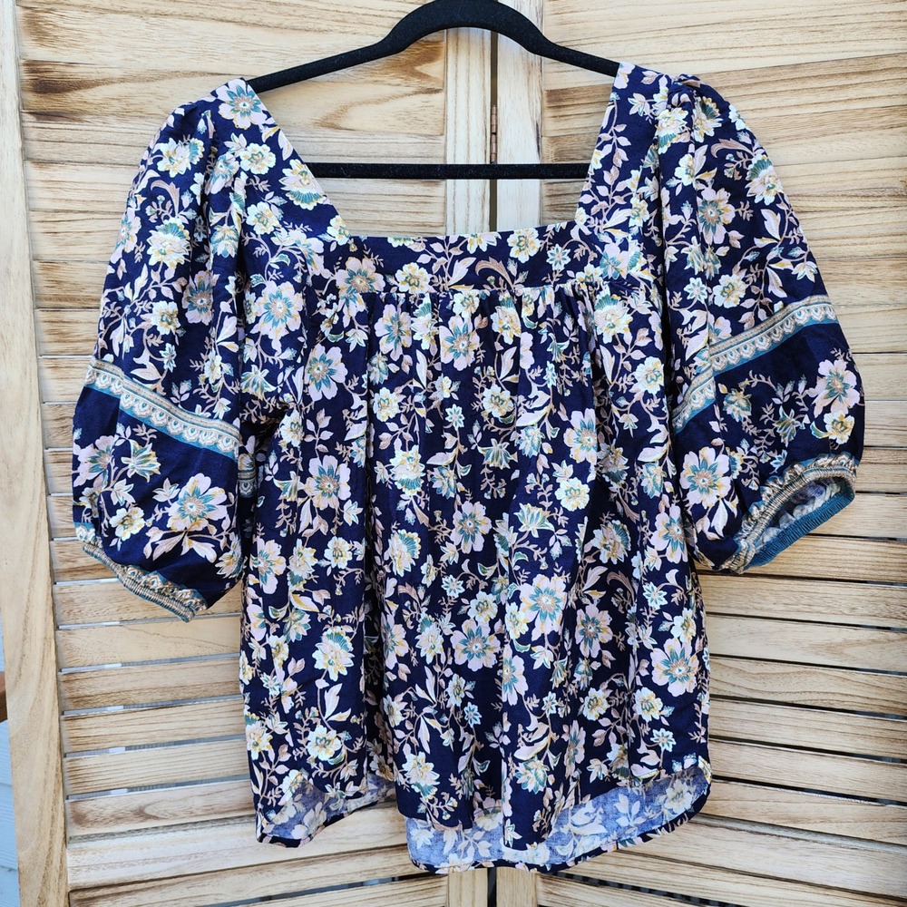NWT Roan + Ryan LARGE Blue Floral Soren Square Neck Top Boho Puff Sleeve Cottage
